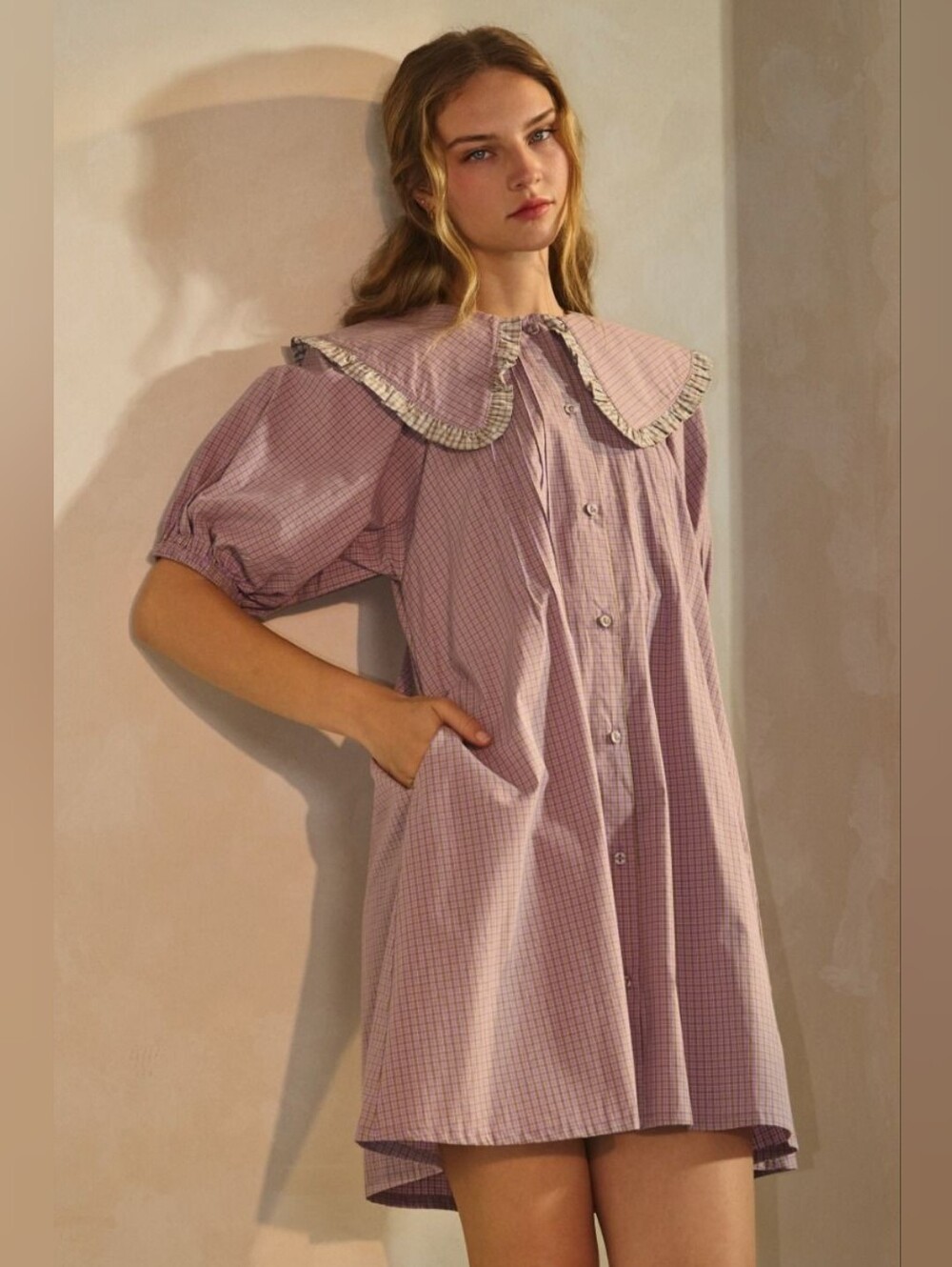 Retro Mod Lavender Checked Button-Front Mini Dress with Ruffled Collar - Picture 2 of 7